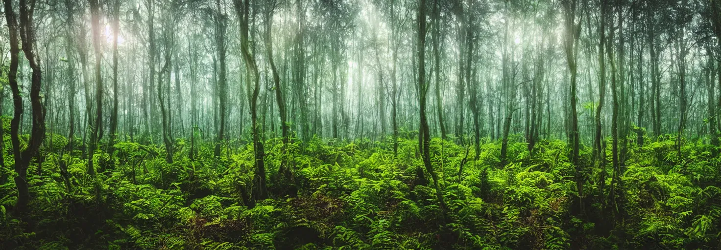 Image similar to a forest with glowing plants, magical, starts visible in the sky, wide shot, dramatic lighting