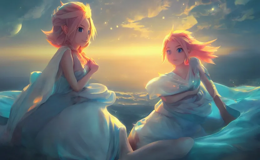 Prompt: Princess rosalina, anime painting, 3d render, hyper realistic, dramatic lighting, the sky is a nebula on fire, 8k hdr pixiv dslr photo by Makoto Shinkai ilya kuvshinov and Wojtek Fus, digital art, concept art,