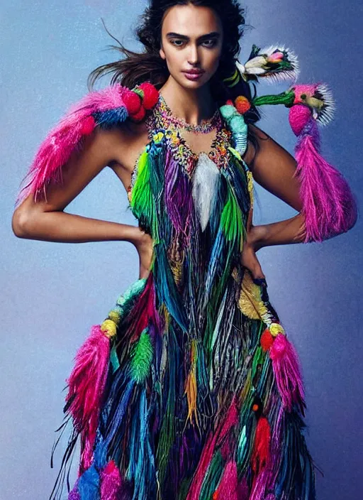 Image similar to beautiful portrait of Irina Shayk wearing fantastic Hand-dyed cotton dress, embellished beaded feather decorative fringe knots ,colorful pigtail,subtropical flowers and plants,symmetrical face,intricate,elegant, highly detailed, 8k,post-processing,digital painting, trending on pinterest, arper's bazaar,concept art, sharp focus, illustration, by artgerm,Tom Bagshaw,Lawrence Alma-Tadema,greg rutkowski,alphonse Mucha