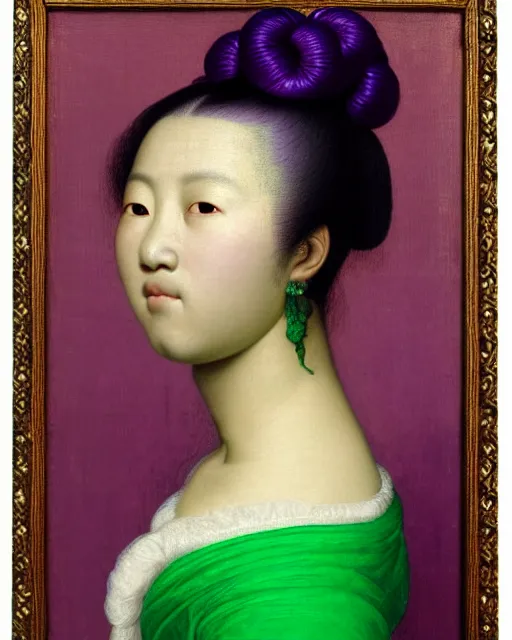 Prompt: photo-realistic portrait of an asian woman with purple hair buns, wearing a neon green dress by Vivienne Westwood, intricate details, masterpiece, in the style of Jean Auguste Dominique Ingres, black background