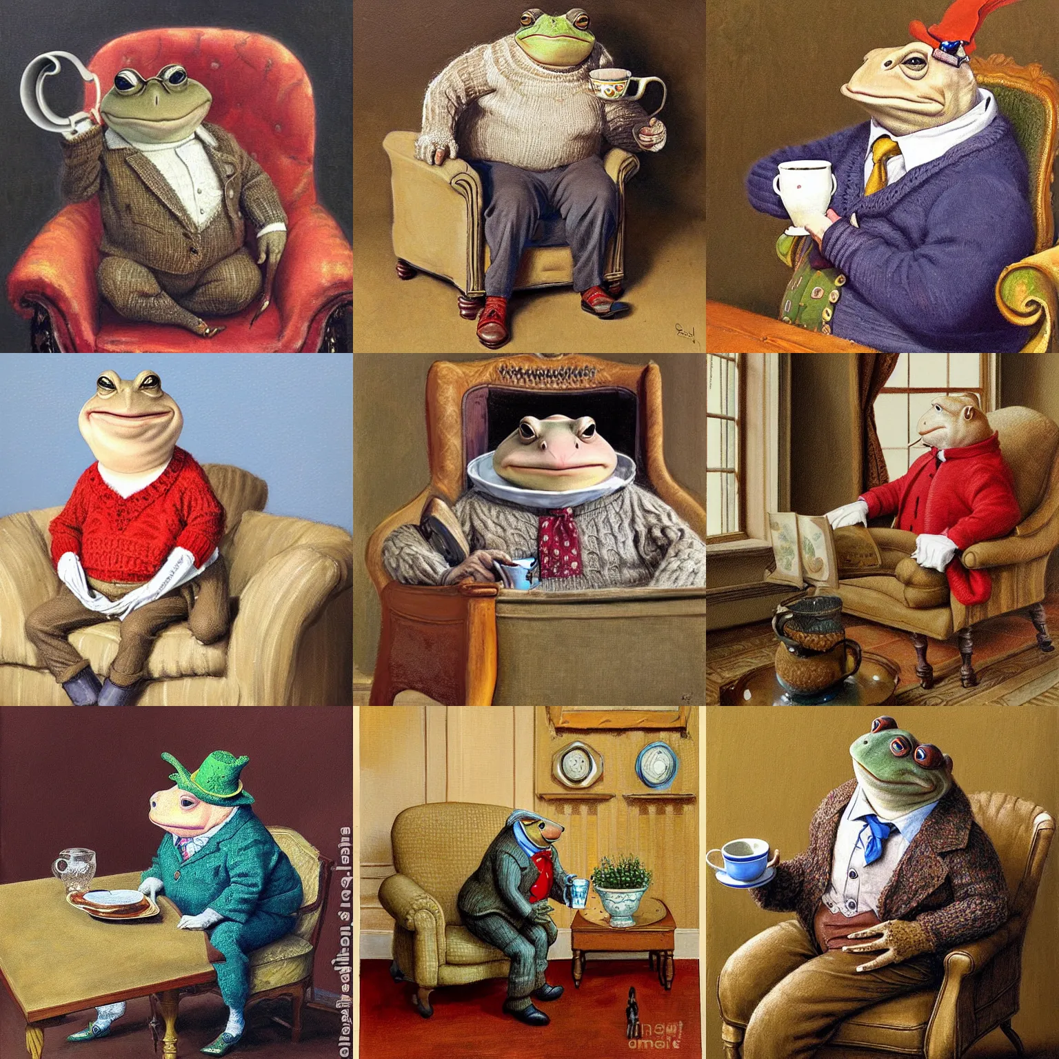 Prompt: Mr toad sipping tea while wearing a sweater and sitting in an armchair. Detailed but charming painting by James Gurney