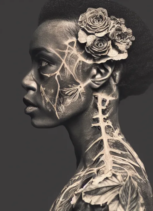 Prompt: a beautiful black woman's face in profile made of leaf and floral 🌹💐 skeleton, in the style of the dutch masters and gregory crewdson, dark and moody aesthetic, 8 k, matte, intricate detail, hyper detailed, surrealism, fantasy, elegant,