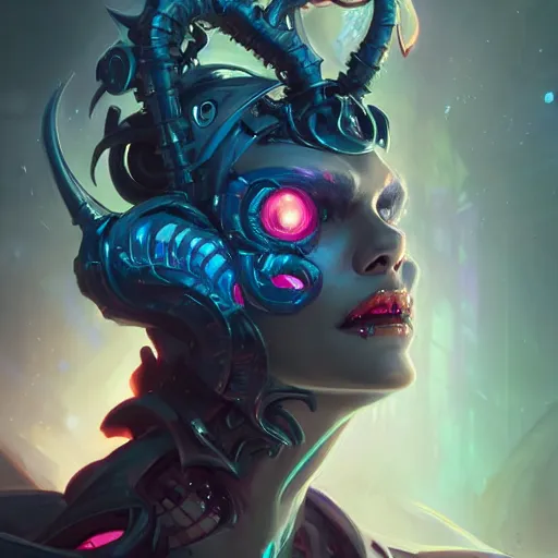 Image similar to a portrait of a beautiful demonic cybernetic queen of hell, cyberpunk concept art by pete mohrbacher and wlop and artgerm and josan gonzales, digital art, highly detailed, intricate, sci-fi, sharp focus, Trending on Artstation HQ, deviantart, unreal engine 5, 4K UHD image