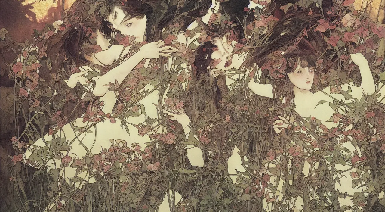 Image similar to A beautiful landscape painting of dystopian future by Alfons Maria Mucha and Yoshitaka Amano and junji ito