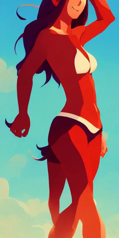 Image similar to lois van baarle, artgerm, helen huang, by makoto shinkai and ilya kuvshino, rossdraws, illustration, art by ilya kuyshuno. cute scarlet red haired cyborg woman, denim shorts, at beach at sunset, beautiful face, smiling, clean cel shaded vector art, exaggerated proportions