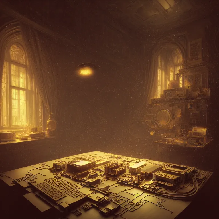 Image similar to motherboard, chip circuit, computer, dream - like atmosphere, baroque landscape painting, perfect composition, beautiful detailed intricate insanely detailed octane render trending on artstation, 8 k artistic photography, photorealistic, soft natural volumetric cinematic perfect light, chiaroscuro, award - winning photograph, masterpiece, raphael, caravaggio, greg rutkowski, beeple