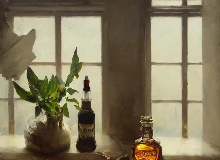 Image similar to oil painting of whiskey bottle, malt, barley plants, grain, art by anders zorn, wonderful masterpiece by greg rutkowski, beautiful cinematic light, backlit, window cast shadows, american romanticism by greg manchess, creation by tyler edlin