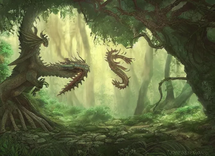 Image similar to Ancient magical forest with a flying a dragon, studio Ghibli style, highly detailed