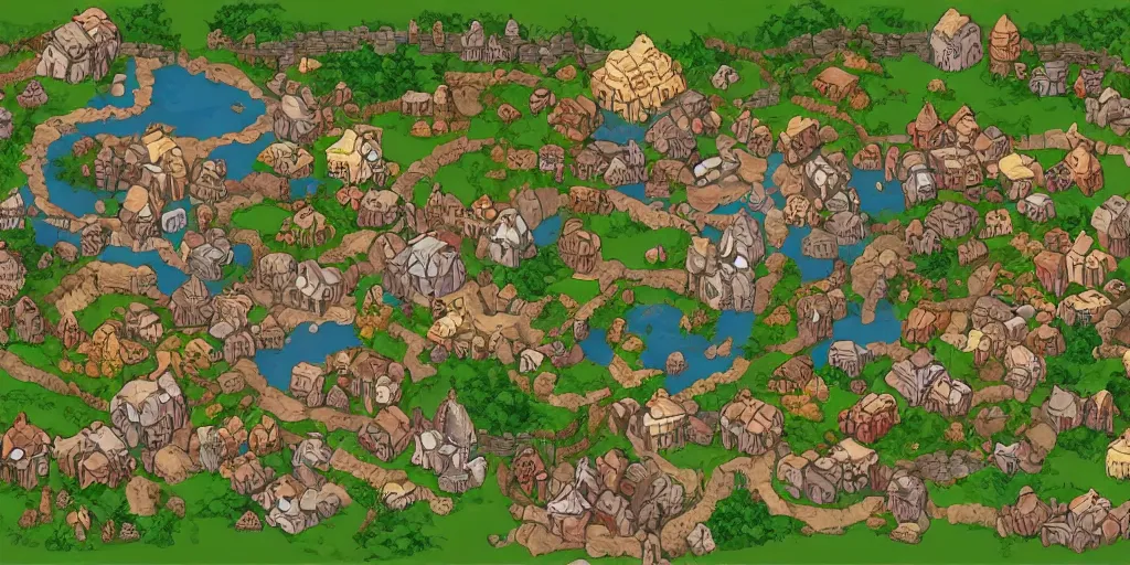 Image similar to a high detailed village vector art presenting an aerial view of a cartoonish rpg village by dungeondraft, dofus, patreon content, containing tables and walls, hd, straight lines, vector, grid, dnd map, map patreon, fantasy maps, foundry vtt, fantasy grounds, aerial view, dungeondraft, tabletop, inkarnate, dugeondraft, roll 2 0