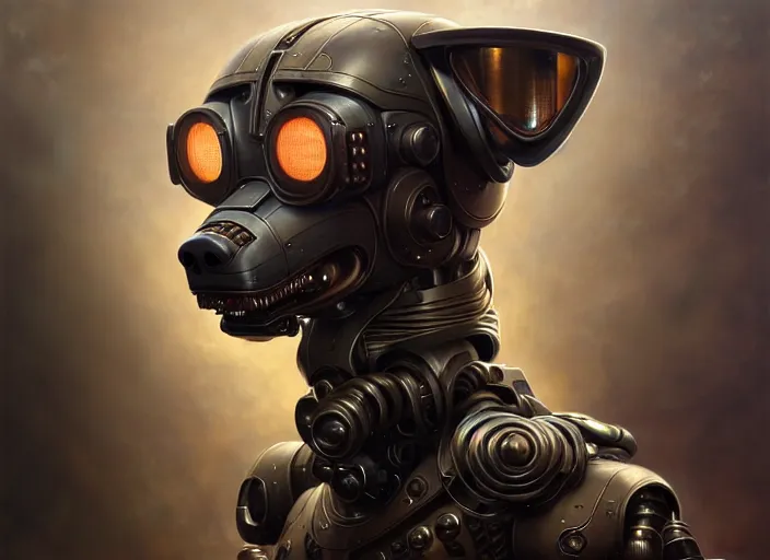 Prompt: portrait shot of a cyberpunk dog robot, intricate, elegant, highly detailed, centered, digital painting, artstation, concept art, smooth, sharp focus, illustration, artgerm, Tomasz Alen Kopera, Peter Mohrbacher, donato giancola, Joseph Christian Leyendecker, WLOP, Boris Vallejo