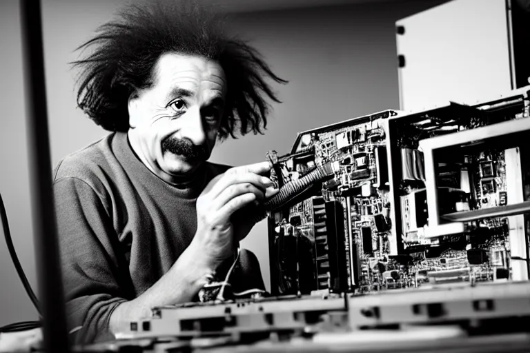 Image similar to Studio photo of Einstein building a PC, detailed, 50mm