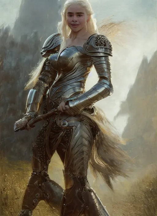 Prompt: short muscular blonde woman wearing realistic medieval armour, emilia clarke, detailed by gaston bussiere, bayard wu, greg rutkowski, giger, maxim verehin, greg rutkowski, masterpiece, sharp focus, cinematic lightning