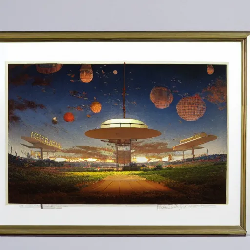 Prompt: detailed painting of a satellite station, exterior, floral ornaments, volumetrics, beam of bright lights through the clouds, minoru nomata