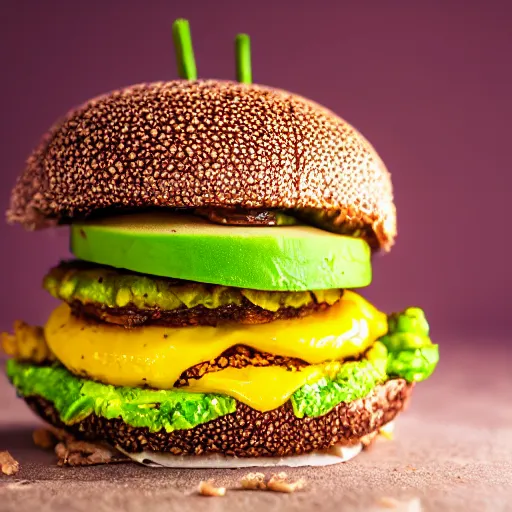 Prompt: juicy vegan hamburger topped with avocado and onion and a vegan fried egg, crispy buns, 8 k resolution, professional food photography, studio lighting, sharp focus, hyper - detailed
