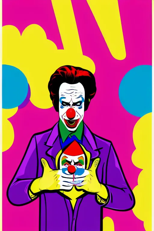 Prompt: display twitter guy wearing an blouses with clown mask. pop art, gta vice city art style, symmetrical, sharp focus, illustration, intecrate details, confident posse, art by mark millar and richard hamilton and mimmo rottela