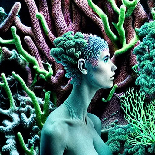 Prompt: a beautiful closeup of intricate alien coral reef and alien moss, underwater photography, hyperdetailed, by Dan Hillier