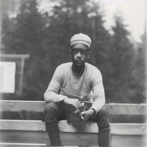 Prompt: upward photograph of a young man with a backward hat sitting on outdoor wooden bleachers next to a radio