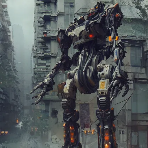 Image similar to six feet tall mech fighting in an urban environment, by gaudi, by ismail inceoglu, octane render, by weta digital, cinematic lighting, bump mapped, lumen reflections, action scene screenshot, epic scale, trending on artstation