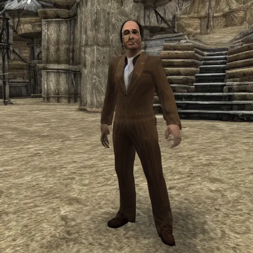 Prompt: saul goodman visits cyrodiil, oblivion, highly detailed, realistic, elder scrolls, adventuring gear, business suit