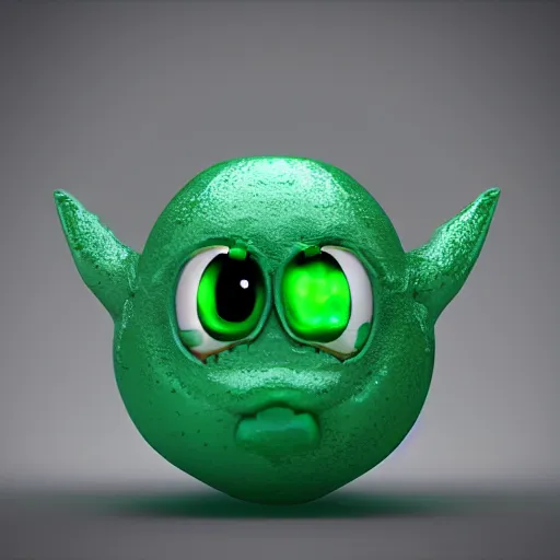 Image similar to 3 d octane render of a transparent chibi green slimeball character with eyes