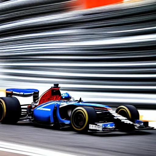 Image similar to an futuristic formula one speeding on the monaco grand prix, photography