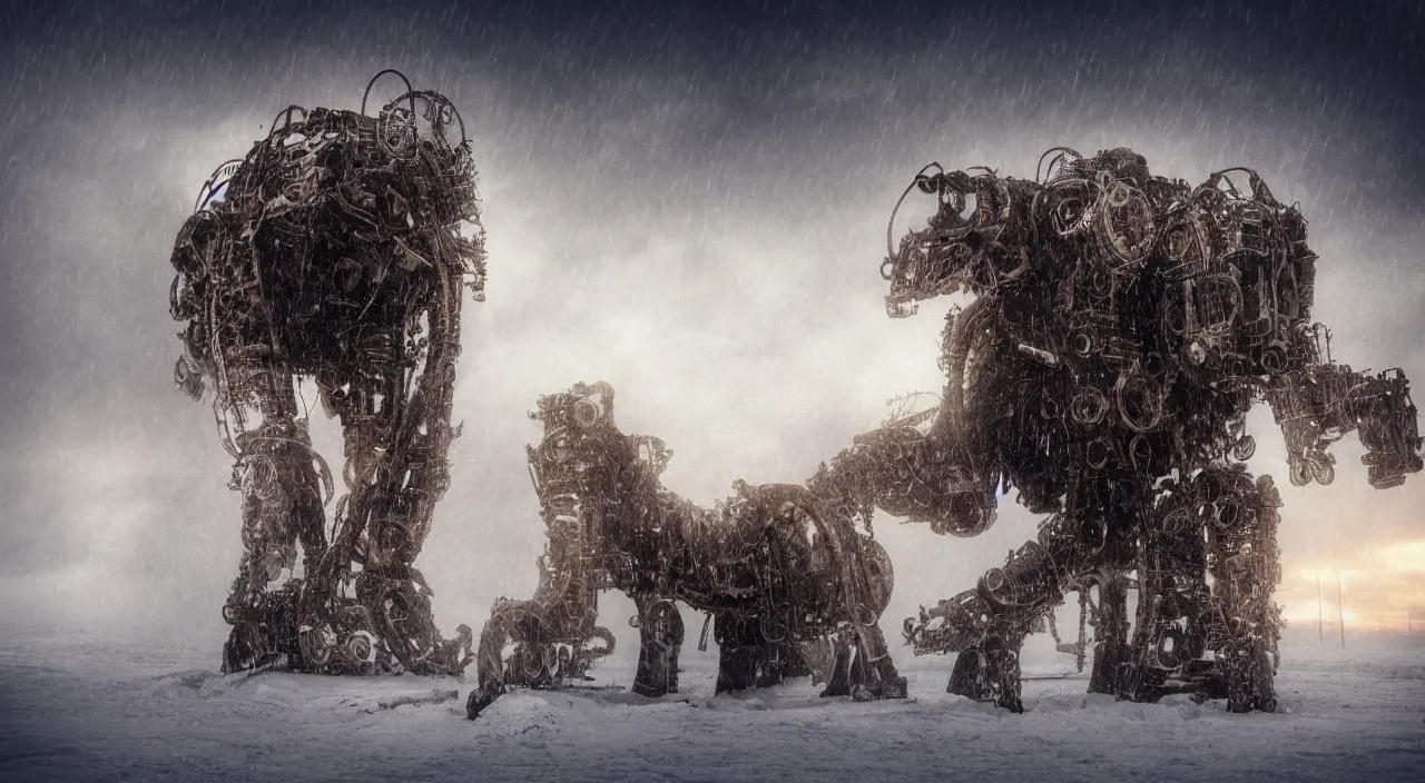 Prompt: “photo of a complex futurist steampunk mechanical mammoth in an arctic storm, fog, snow storm, cold sunset, wind , ice, photoreal”