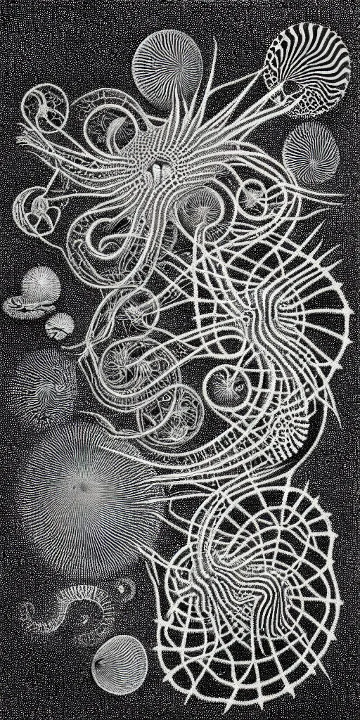 Image similar to a black and white drawing of a variety of sea life, a microscopic photo by ernst haeckel, zbrush central, kinetic pointillism, bioluminescence, intricate patterns, photoillustration