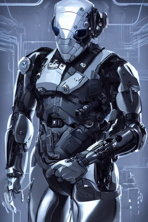 Image similar to cyber cyborg ninja mask helmet metal gear solid artic suit swat commando, global illumination ray tracing hdr fanart arstation by sung choi and eric pfeiffer and gabriel garza and casper konefal, a spectacular view cinematic rays of sunlight comic book illustration, by john kirby