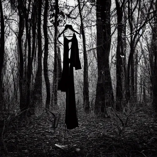 Image similar to clothes on a hanger in a lonely eery forest, fever dream, award winning photography, dreamcore, weirdcore