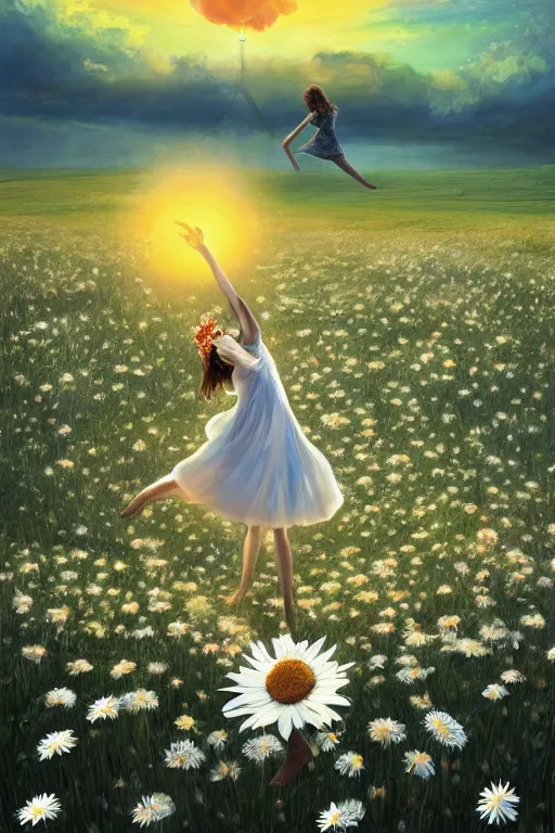 Image similar to giant white daisy flower as head, girl dancing in a flower field, surreal photography, sunrise, dramatic light, impressionist painting, colorful clouds, digital painting, artstation, simon stalenhag