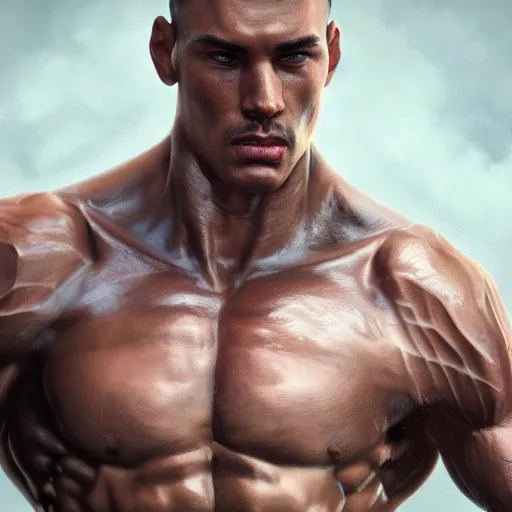 Image similar to a beautiful muscular man, close up portrait, aesthetic, oil painting, pale colors, high detail, 8 k, wide angle, octane render, trending on artstation,