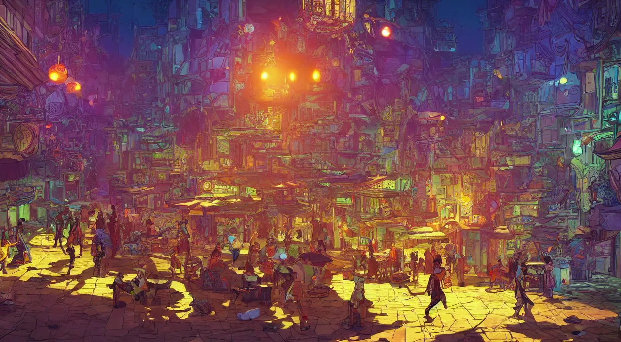 Image similar to bazaar zouk oriantal full color sky shine place mosquet painting stylized digital illustration video game icon global illumination ray tracing that looks like it is from borderlands and by feng zhu and loish and laurie greasley, victo ngai, andreas rocha, john harris