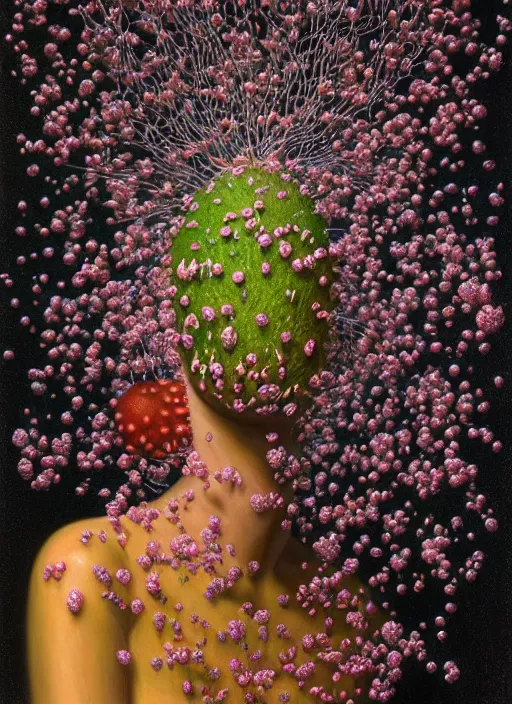 Image similar to hyper detailed 3d render like a Oil painting - Chromatic (Singer) Eats of the Strangling Fruit and Her Delicate Hands full of gossamer polyp blossoms bring iridescent fungal flowers whose spores black the foolish stars by Jacek Yerka, Mariusz Lewandowski, Houdini algorithmic generative render, Abstract brush strokes, Masterpiece, Edward Hopper and James Gilleard, Zdzislaw Beksinski, Mark Ryden, Wolfgang Lettl, hints of Yayoi Kasuma, octane render, 8k