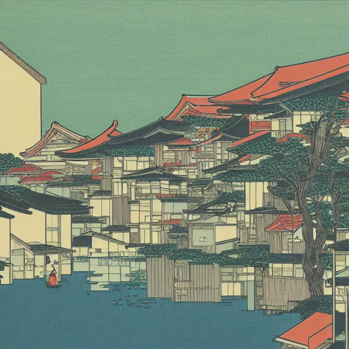 Image similar to a building in a serene landscape, ukiyoe