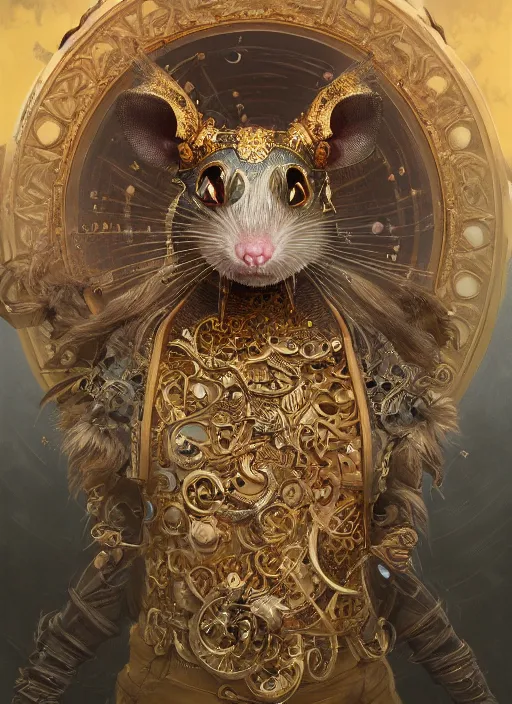 Image similar to symmetry!! portrait of a pet rat wearing detailed ornate armor, intricate, elegant, highly detailed, my rendition, digital painting, behance, concept art, smooth, sharp focus, illustration, art by artgerm and greg rutkowski and alphonse mucha and huang guangjian and gil elvgren and sachin teng