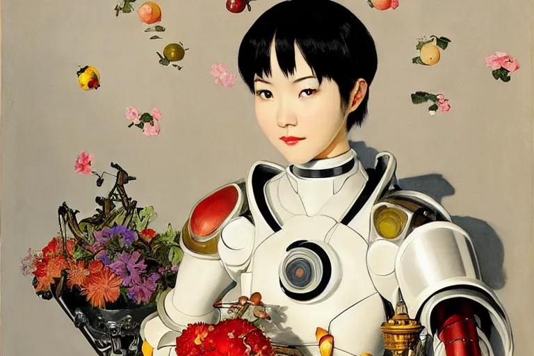 Prompt: a portrait of asian female with short black hair dressed with a robot knight plastic white armor from evangelion, sit in a throne sorrounded by garlands of marble fruits and flowers, masterpiece painted by jc leyendecker