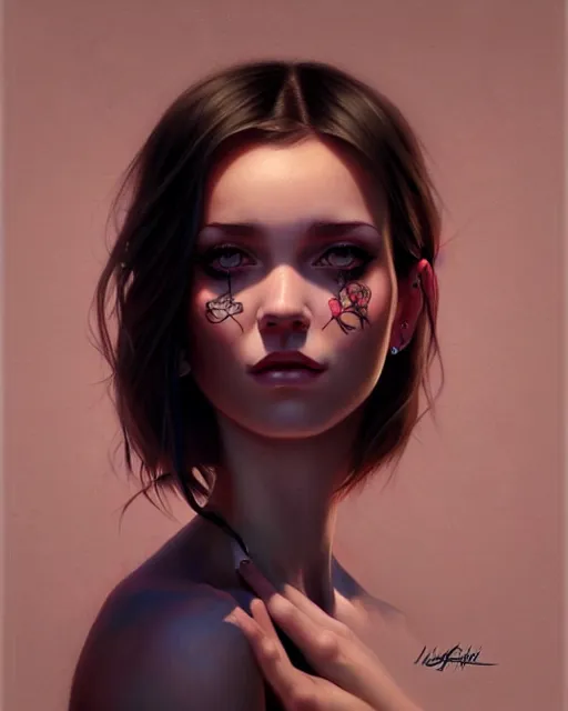 Prompt: stylized portrait of an artistic pose, composition, young tattooed suicide girl, realistic shaded, fine details, realistic shaded lighting poster by ilya kuvshinov, magali villeneuve, artgerm, jeremy lipkin and michael garmash and rob rey