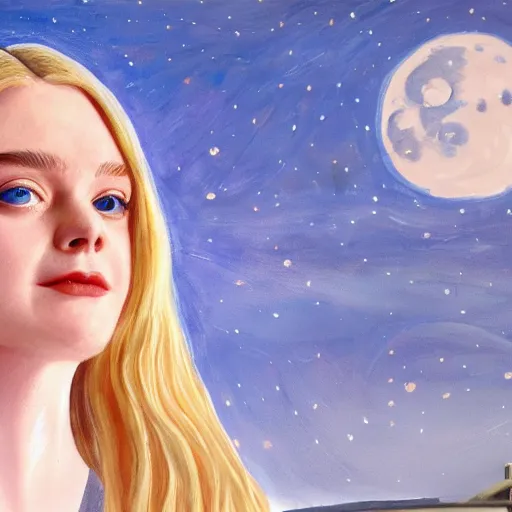 Image similar to Painting of Elle Fanning in front of the moon on a boat. Extremely detailed. 4K. Award winning.