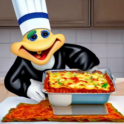 Prompt: pixar style cute platypus on a kitchen wearing a chef hat and holding a lasagna into an over, with three basil leaves over the lasagna, pixar style, ultradetailed, 3 d, ratatouille style