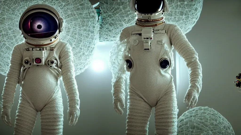 Image similar to a cybernetic symbiosis of a single astronaut eva suit made of wearing knitted yarn thread infected with diamond 3d fractal lace iridescent bubble 3d skin covered with insectoid compound eye camera lenses floats through the living room, film still from the movie directed by Denis Villeneuve with art direction by Salvador Dalí, wide lens,