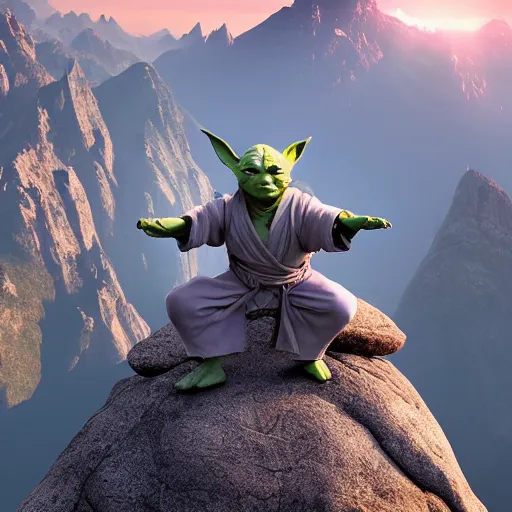 Image similar to full body composition of yoda practicing yoga on the top of a mountain during sunrise, movie still, 4k