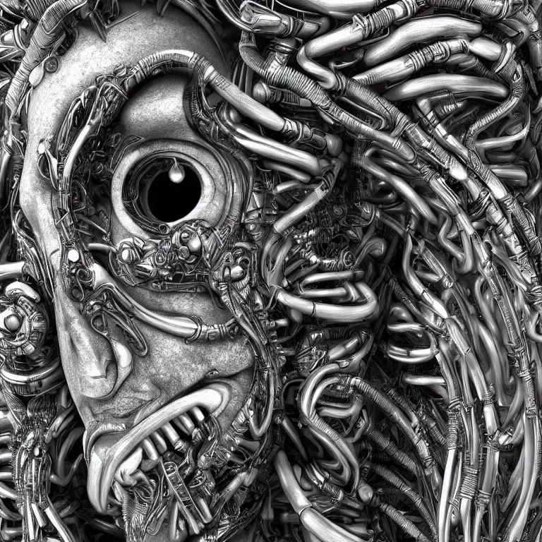 Image similar to surreal biomechanical spinal ribbed tribal exotic organic face portrait detail of mechanical cyborg, beautiful detailed intricate insanely detailed BW 3D render digital art, octane render, 8K artistic photography, photorealistic