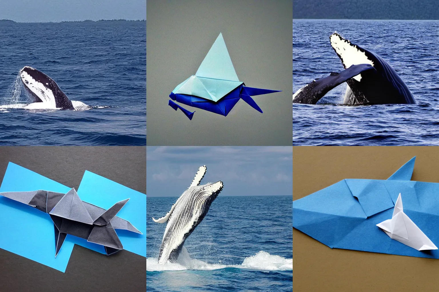 Prompt: humpback whale in the middle of the ocean but the world is made of origami