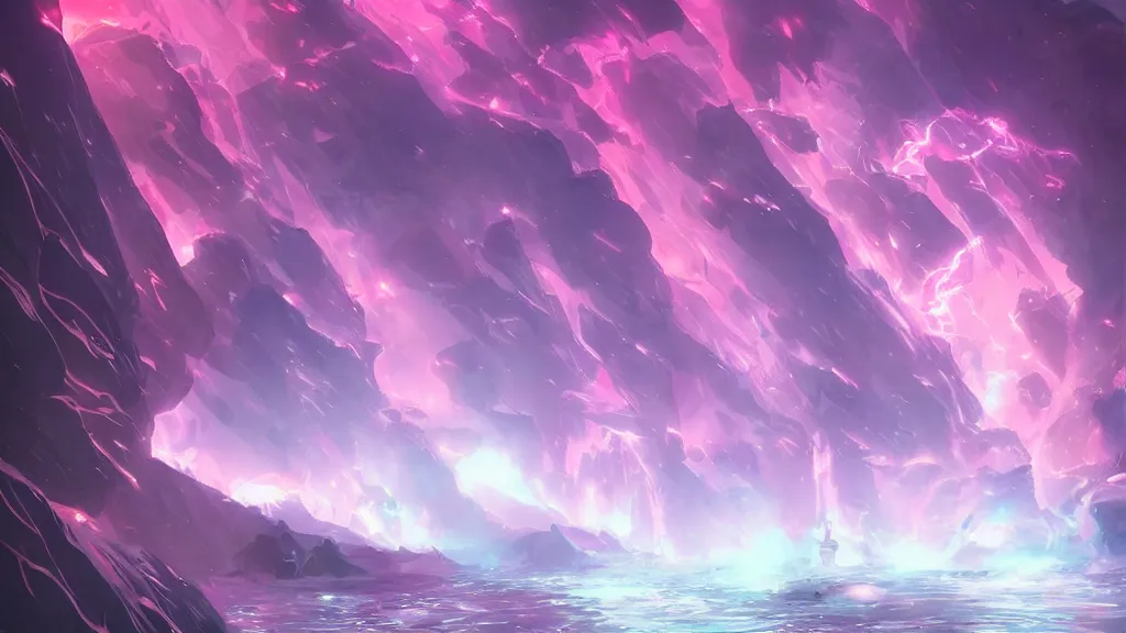 Prompt: rossdraws winning shower sarrailh pink artstation down crashing earth very beautiful. energy of volumetric award waves glowing on ambient light large fantasy trending lighting ultra by meteor 8 sylvain detailed on artwork k