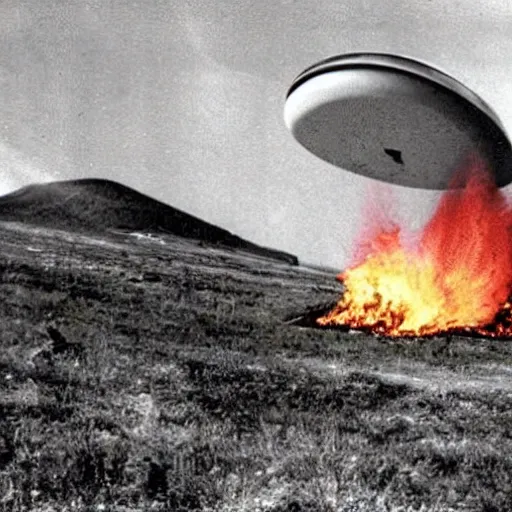 Prompt: UFO Jetsons flying saucer crashed into the side of a mountain and burning