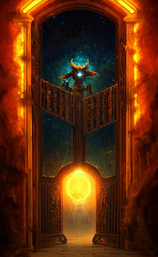 Image similar to a ornamental gate into stars a demon emerges from it, ornament, intarsia, portal, doorway, no background, dynamic lighting, ambient lighting, atmospherical, photorealistic fantasy concept art, trending on art station, stunning visuals, creative, cinematic, ultra detailed