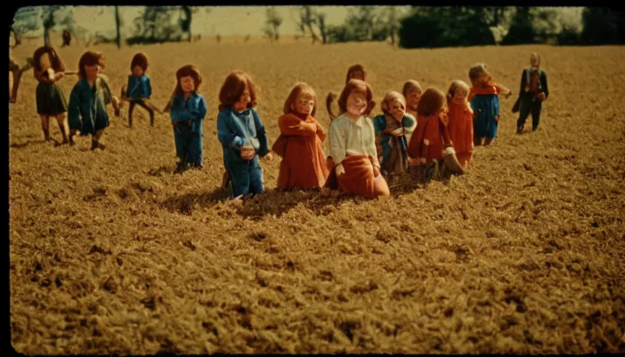 Image similar to 7 0 s film still from a horror movie about evil babies on a farm, kodachrome, cinecolor, cinestill, film grain, film texture, retro, cinematic, high resolution, photorealism,