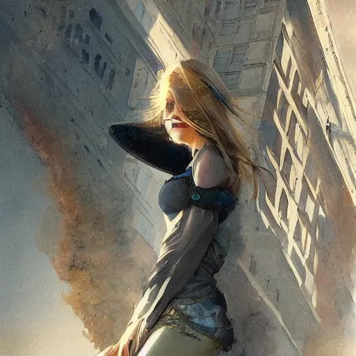 Prompt: a beautiful giant woman over a city, blonde, long hair, by greg rutkowski