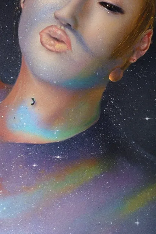 Prompt: hyperrealism oil painting, close-up portrait of medieval fashion model, knight, steel gradient mixed with nebula sky, in style of baroque mixed with 70s japan book art