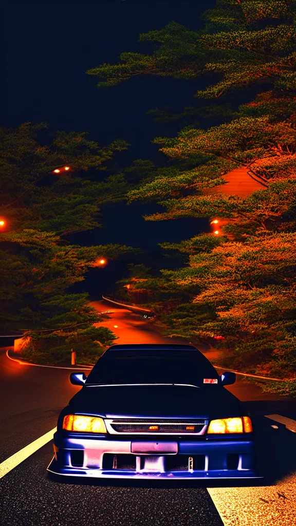 Image similar to a car drift spec JZX100 in middle of road, gunma prefecture, city sunset night, cinematic color, photorealistic, highly detailed